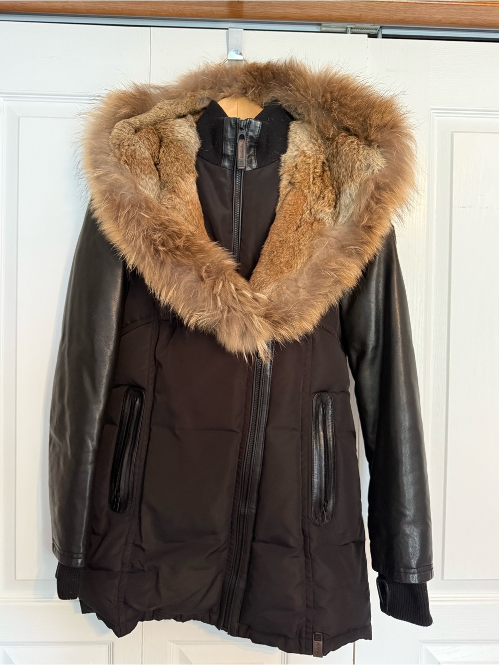 Rudsak GRACE Luxury Down Parka Black Fur Leather Sleeves - size Small